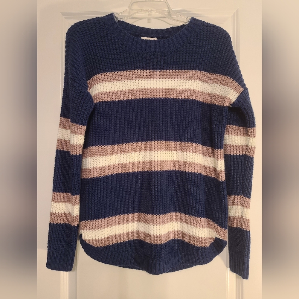 SO Junior's Navy/Pink/Cream Striped Sweater, Sz M, EC